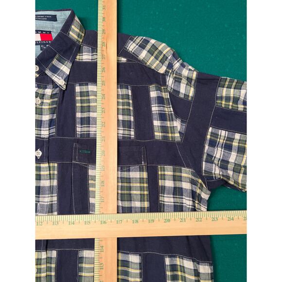 Tommy Hilfiger Shirt Mens M Yellow Blue Multi Patchwork Color Block VTG 90s - Picture 3 of 8